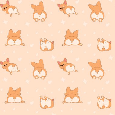 Komik ve şirin Corgi Butts 'la kusursuz desen. Kalp Tasarımı Köpek Karakterleri