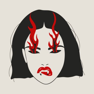 Alevli Gözlü ve Sivri dişli Mistik Kadın. Vampir Teması