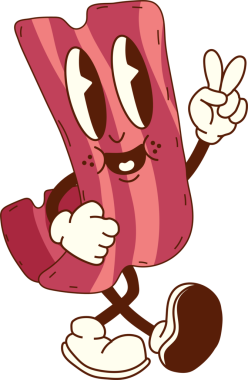 Canlı bir kahvaltı sahnesinde yürüyen çizgi film karakteri, canlı renkler ve modaya uygun, eğlenceli bir tasarım sunuyor.