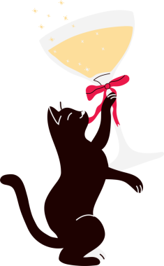 Bir bardak şampanyayla kutlama yapan bir kedi parti havasını tamamen kucaklıyor..