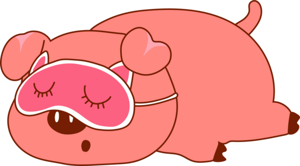 Tatlı bir çizgi film. Pembe domuz. Uyku maskesiyle huzur içinde uyuyor..