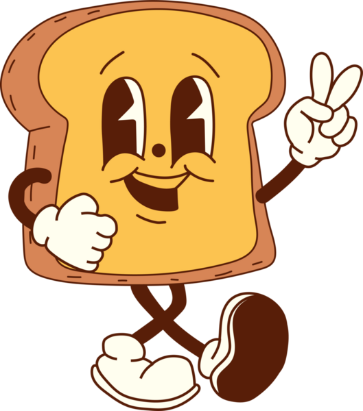 Çizgi film karakteri neşeli bir kahvaltı sahnesinde canlı renkler ve modaya uygun, eğlenceli bir tasarım ile yürüyor.