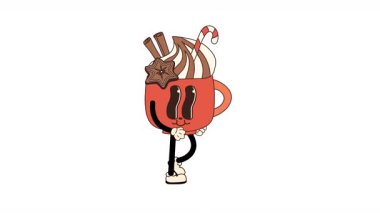 Şekerlemeli ve şekerli Festive Hot Cocoa Cup Maskotu. Yürüyen Döngü Animasyonu. Alfa Kanalı Şeffaflığı