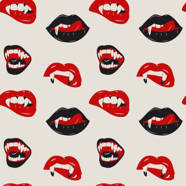 Kan kırmızısı ve sivri dişleri olan göz kamaştırıcı vampir dudaklarıyla kusursuz desen cesur ve dramatik bir görünüm sunuyor.