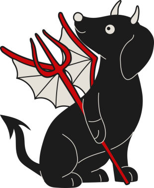 Ateşli şeytan boynuzları ve küstah sırıtışıyla çizgi film sosisi.