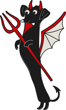 Şeytani boynuzları ve ateşli, muzip yeteneği olan arsız bir çizgi film dachshund.