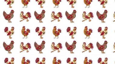 Geleneksel Meksika alebrije halk sanatı tarzında renkli horozlar. Karmaşık desenleri ve renkli animasyon döngüsü