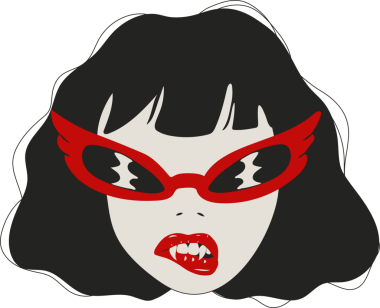 Sivri kanatlı güneş gözlüğü takan şık vampir kız modern gotik moda.