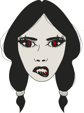 Sivri dişleri ve Ateşli Kırmızı Gözlü Vampir Kız Gotik At Kuyruğu Bakışı