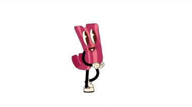 Neşeli bir pastırma karakterinin çizgi film animasyonu alfa kanallı canlı bir kahvaltı sahnesinde yürüyor.