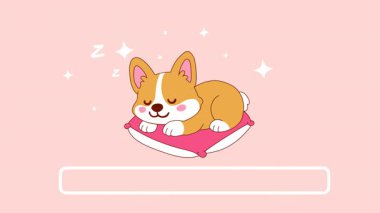 Şirin bir Corgi 'nin şeffaf bir arkaplanda pembe bir yastıkta huzur içinde uyuduğu çizgi film animasyonu.