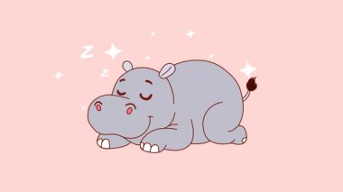 Tatlı bir su aygırının gözleri kapalı ve şeffaf bir arkaplanda huzurlu bir ifadeyle rahat bir şekilde uyuduğu bir döngü animasyonu.