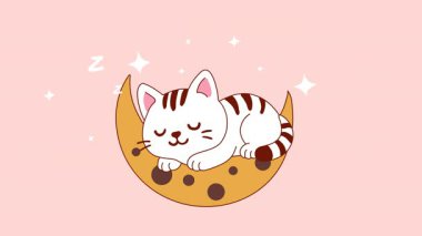 Şeffaf bir arkaplanda yıldızlarla Ay 'da Kestiren Huzurlu Kedi. Döngü canlandırması