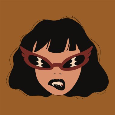 Vampir dişli, güneş gözlüklü, sinirli çizgi film kızı.