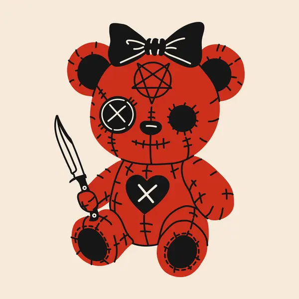 Kırmızı dikişli tüyler ürpertici bir voodoo tarzı oyuncak ayının karikatür çizimi, siyah düğmeli gözler, alnında pentagram sembolü, kalp bandı, siyah yay ve karanlık bir korku temalı bir bıçakla.