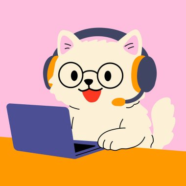Kulaklıklı Şirin Çizgi Film Kedisi Laptop 'ta çalışıyor