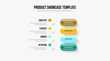 Görsel Fırlatma 4 Element Bilgi Şablonu. Satış Portföyü Dört Adım Diyagram Slayt Gösterisi Düzeni. Yaratıcı Öngörü Sunumu Tasarım Vektörü İllüstrasyonu.