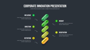 Pazarlama Genel Görünümü 5 Element Bilgisel Çerçeve Düzeni. Satış Teklifi Beş Seçenek Diyagram Kaydırma Tasarımı. Pazar İncelemesi Sunum Şablonu Vektör İllüstrasyonu.