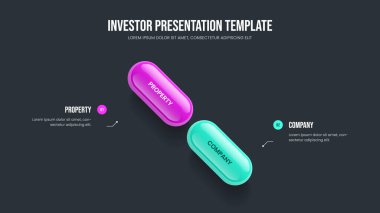 Piyasa Raporu 2 Adım Bilgisel Sunum Şablonu. Profesyonel Görselleştirme İki Element Diyagram Kaydırma Tasarımı. Şirket Geliştirme Çerçeve Düzeni Vektör İllüstrasyonu.