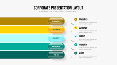 Pazarlama Planlama Beş Seçenek Diyagramı Sunum Tasarımı. Girişim Stratejisi 5 Element Bilgi Slayt Gösterisi Düzeni. Servis Kampanyası Çerçeve Şablonu Vektör İllüstrasyonu.