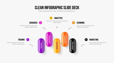 Finansal Çözüm Beş Adım Bilgi Sunum Şablonu. Satış Teklifi 5 Element Diyagramı Kare Düzeni. Pazarlama Slayt Gösterisi Slayt Tasarım Vektörü İllüstrasyonu.