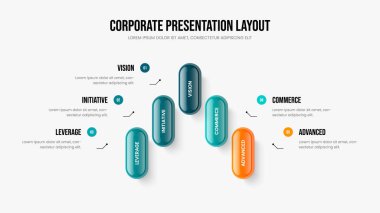 Pazarlama Planlama Şablonu Vektör İllüzyonu. Servis Showcase Beş Element Bilgi Slayt Gösterisi Düzeni. İş Büyümesi 5 Adım Diyagram Kaydırma Tasarımı.