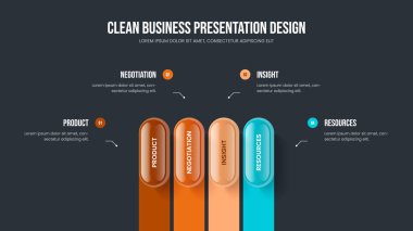 Pazarlama Fırlatma 4 Adım Diyagram Şablonu. Proje Gösterisi Slayt Düzeni Vektör İllüstrasyonu. Şirket Genel Görünümü Dört Element Bilgi Slayt Gösterisi Tasarımı.