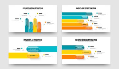 Proje Portföy 4523 Element Bilgi Çerçeve Düzeni Paketi. Ürün Çözümü 4-5-2-3 Adım Diyagram Slayt Gösterisi Tasarım Vektörü Çizimi.