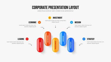 Kurumsal Giriş 5 Seçenek Diyagram Kaydırma Tasarımı. Yatırımcı Gösterisi Sunum Şablonu Vektör İllüstrasyonu. Servis Fırlatma Beş Element Bilgi Çerçevesi.