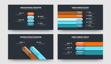 Profesyonel Hava Tahminleri 4523 Adım Bilgi Sunum Şablonu Paketi. Piyasa Geliştirme 4-5-2-3 Element Diyagram Slayt Gösterisi Vektör Çizim Koleksiyonu.
