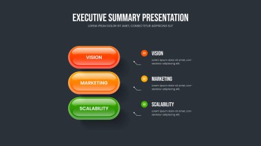 Şirket Çözümü 3 Element Diyagram Slayt Gösterisi Tasarımı. Yatırımcı Profili Şablon Vektör İllüstrasyonu. Atılgan Gösterimi Üç Adım Bilgisel Sunum Düzeni.