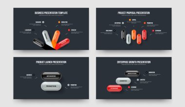 Şirket Görselleştirme 4523 Adım Diyagram Sunum Şablonu Koleksiyonu. Piyasa Stratejisi 4-5-2-3 Seçenek Slayt Düzeni Vektör Çizimi Paketi.