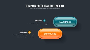 İki Element Bilgi Kaydırma Şablonu Reklam Brifingi. Hizmet Geliştirme Çerçeve Düzeni Vektör İllüstrasyonu. Satış İncelemesi 2 Seçenek Diyagramı Slayt Gösterisi Tasarımı.