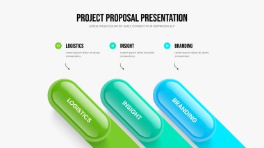 Danışmanlık Geliştirme Slayt Gösterisi Tasarım Vektörü İllüstrasyonu. Şirket Showcase 3 Element Diyagramı Çerçeve Düzeni. Pazar Brifingi Üç Adım Bilgisel Sunum Şablonu.