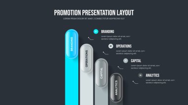 Pazarlama Yeniliği Slayt Gösterisi Tasarım Vektörü İllüstrasyonu. Yaratıcı Brifing 4 Seçenekli Diyagram Kaydırma Düzeni. Yatırımcı Giriş Dört Adım Bilgi Şablonu.