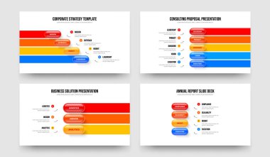 Ürün Raporu 4-5-3-4 Element Diyagram Slayt Gösterisi Tasarım Vektörü Çizimi. Kurumsal Performans 4534 Seçenek Bilgi Kaydırma Şablonu Paketi.