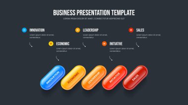 Şirket Stratejisi Kaydırma Şablonu Resimleri. Ürün Şovu 5 Element Bilgi Slayt Gösterisi Tasarımı. Satışlar Görselleştirme Beş Adım Diyagram Sunum Düzeni.
