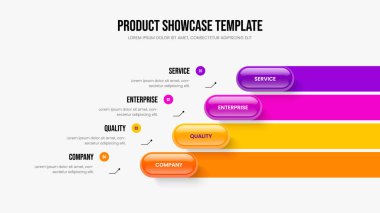 Reklam Fırlatma Dört Element Bilgi Kaydırma Düzeni. Finansal Tahminler 4 Seçenek Diyagram Şablonu. İş Brifingi Sunum Tasarım Vektörü İllüstrasyonu.