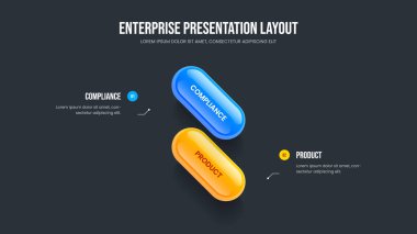 Creative Innovation 2 Option Infographic Slide Şablonu. Yatırımcı Öngörüsü İki Adım Diyagram Tasarımı. İş Geliştirme Slayt Gösterisi Düzeni Vektör İllüstrasyonu.