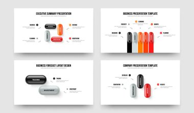 Görsel Gösteri 4523 Adım Diyagram Slayt Şablonu Koleksiyonu. Danışmanlık Fırlatma 4-5-2-3 Seçenek Bilgi Sunumu Vektör Çizim Paketi.