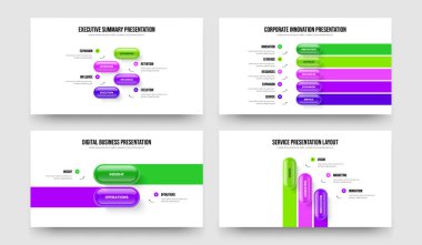 Reklam Gösterisi 4-5-2-3 Seçenek Slayt Düzeni Vektör Resimleri Koleksiyonu. Pazarlama İnovasyonu 4523 Adım Bilgisel Sunum Tasarımı Paketi.