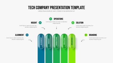 Piyasa Büyümesi Beş Element Bilgi Slayt Gösterisi Düzeni. Hizmet Görselleştirme Sunumu Tasarım Vektörü İllüstrasyonu. Profesyonel Gözden Geçirme 5 Adım Diyagram Şablonu.