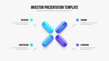 Ürün Önerisi Sunum Düzeni Vektör İllüstrasyonu. Piyasa Büyümesi 4 Element Infographic Slayt Şablonu. Profesyonel Brifing Dört Seçenek Diyagram Tasarımı.