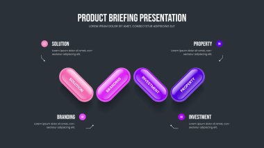 Modern Visualization Four Element Infographic Frame Design. Reklam Performansı Slayt Düzeni Vektör Resimleri. Görsel Gözden Geçirme 4 Seçenek Diyagramı Slayt Gösterimi Şablonu.