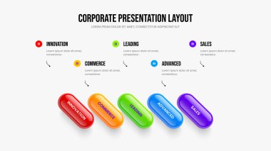 Görselleştirme 5 Element Infographic Slayt Tasarımı Reklamı. Görsel Görüş Beş Seçenek Diyagram Şablonu. Enterprise Showcase Sunum Düzeni Vektör İllüstrasyonu.