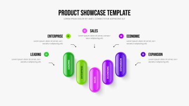 Mali Görselleştirme 5 Seçenek Diyagram Kaydırma Şablonu. Piyasa Performansı Beş Adım Bilgi Sunumu Tasarımı. Şirket İcat Çerçeve Düzeni Vektör İllüstrasyonu.