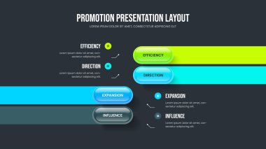 Ürün Fırlatma Dört Seçenek Slayt Şablonu. Servis Hava Durumu Çerçeve Düzeni Vektör İllüstrasyonu. Modern Performans 4 Element Diyagram Kaydırma Tasarımı.