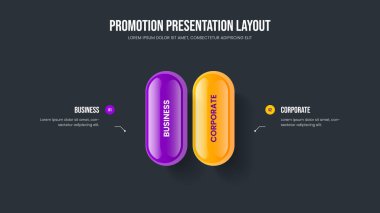 Proje Performans İki Seçenek Diyagramı Sunum Düzeni. Yaratıcı Giriş 2 Element Bilgi Kaydırma Şablonu. Dijital Geliştirme Slayt Gösterisi Tasarım Vektörü İllüstrasyonu.