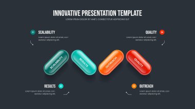 Proposal Proposal Four Step Infographic Frame Design. Şirket Brifing Slayt Düzeni Vektör İllüstrasyonu. Dijital Çözüm 4 Element Diyagramı Slayt Gösterisi Şablonu.