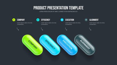 Modern Strateji Dört Seçenek Diyagram Kaydırma Tasarımı. Pazar Görselleştirme Slayt Gösterisi Düzeni Vektör İllüstrasyonu. Yaratıcı Performans 4 Element Bilgi Şablonu.